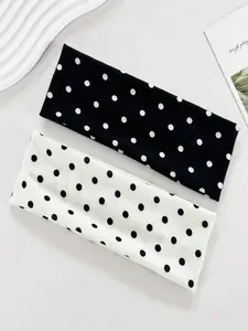 2pcs women's elegant and sweet black and white polka dot elastic fabric print sports headbands, suitable for daily wear, fitness, running, yoga, moisture-wicking headbands with Boho style