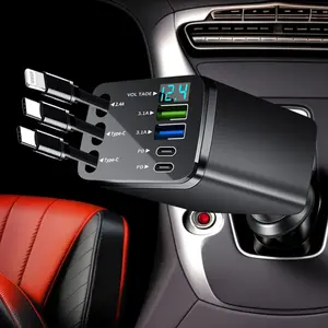 [Father’s Day Gift]7-in-1 Car Charging Station: Fast Charge with 70cm Retractable Lightning/Dual USB-C Cables & 4 PD/USB Ports. Smart Chip Protection & LED Voltage Monitor. The Perfect No-Mess Road Trip Essential & Car Accessory.