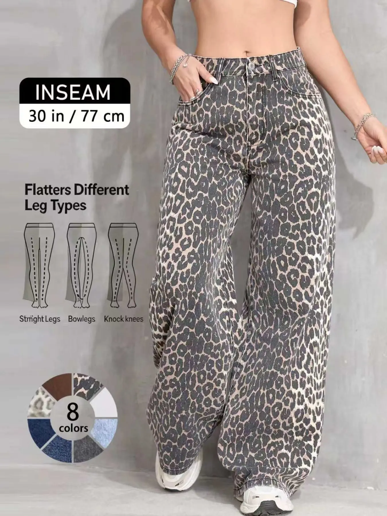 Women's Leopard Print Denim Jean, Multicolor High-Waisted Loose Flared Leg Pants, Valentine's Day Gift, Post-Apocalyptic Casual Streetwear Aesthetic, All Seasons