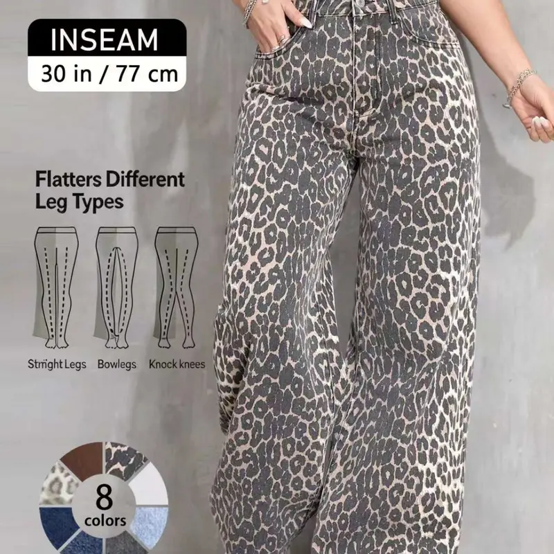 Women's Leopard Print High Waist Jeans, Loose Fit Micro Bell Bottoms Flared, Perfect for Valentine's Day, Post-Apocalyptic Style, Casual Streetwear