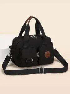 Durable Nylon Handbag, Adjustable Shoulder Strap, Multiple Zip Pockets, Ergonomic Design, Casual Solid Color, All Seasons