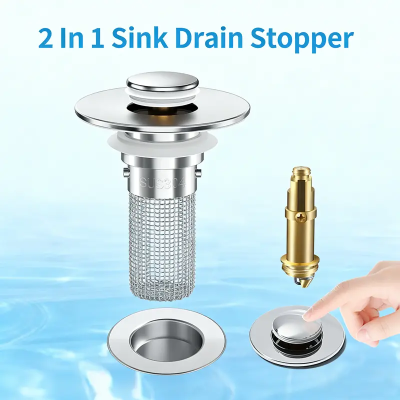 Bathroom Sink Stopper & Handheld Shower Head Set, Brass-Steel Durable Modern Anti-Odor Bouncing Core Drain Plug with Rubber Seal, ABS Anti-Clogging Basket Strainer, Drain Control Universal Bathroom Gadget in Box