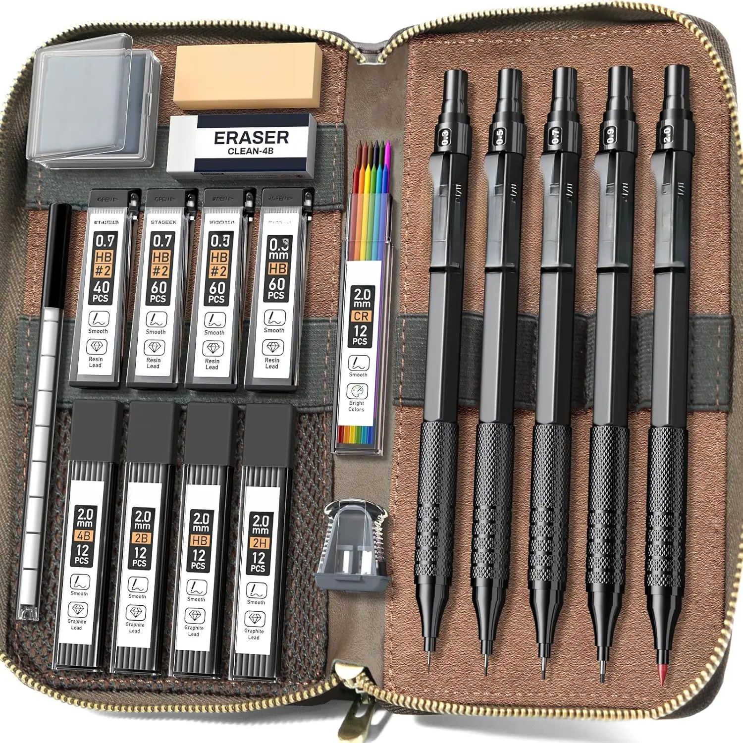 Metal Mechanical Pencil Set in Leather Case, 5 count Art Drafting Pencil 0.3, 0.5, 0.7, 0.9 & 2mm Lead Holder, 9 Tube (4B 2B HB 2H Colors) Lead Refills for Drawing, Sketching, Writing (Black)