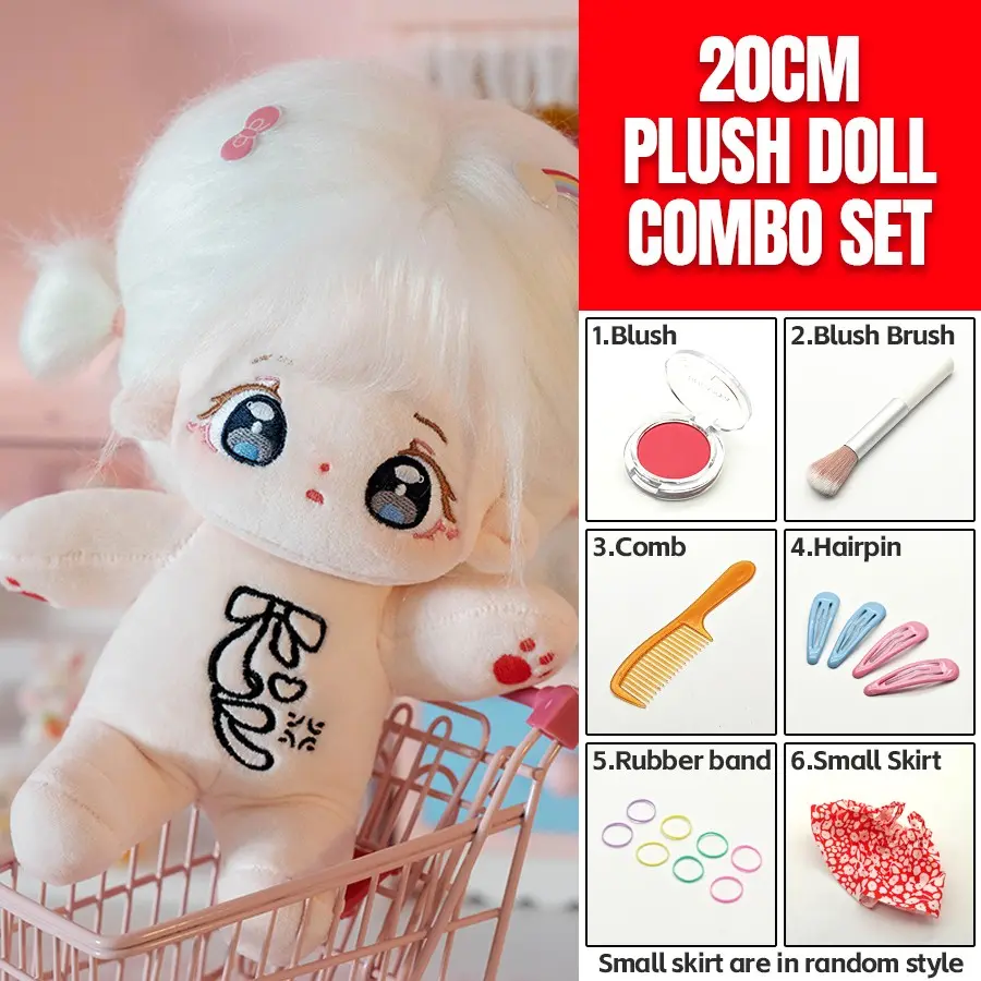 20cm Plush Cotton Doll DIY Set - 7-Piece Set with Bare Doll, Blush Powder, Blush Brush, Comb, 2 Pairs Hair Clips, 8 Elastic Hair Ties & Floral Dress - Dress-Up Toy Gift, Cuddly Doll Gift for Girls, DIY Craft Enthusiasts & Doll Collectors