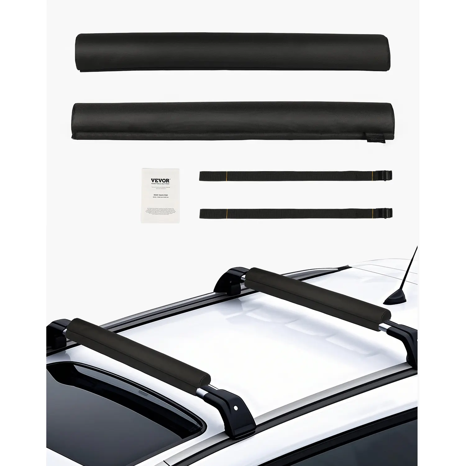 VEVOR 28-Inch PVC Fabric Soft Roof Rack Pads, Universal Waterproof Tool-Free Car Crossbar Pads, 88LBS Load Capacity Carrier with 2 Tie-Down Straps, Velcros, Storage Bag, Shock Absorption for Kayaks, Surfboards, Long Boards, Car Exterior Accessories