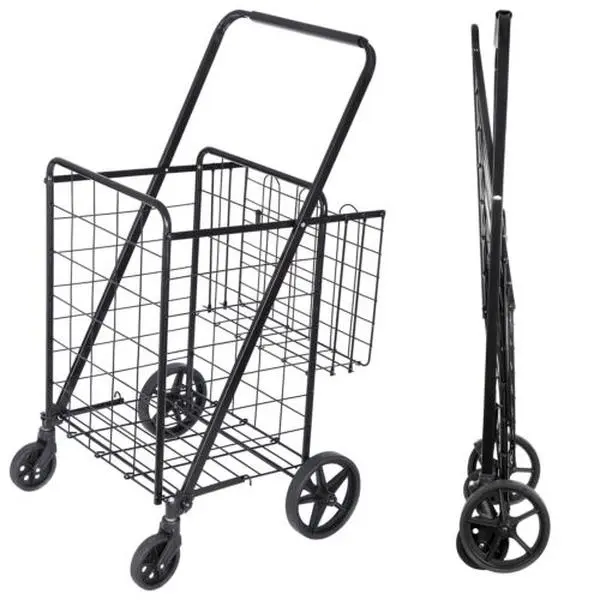 Heavy Duty Folding Trolley Cart - Multifunction Rolling Cart with Swivel Wheels, Extra Back Basket, Steel Frame, 88lbs Max Load for Home Supplies Organization, Multifunction Rolling Carts
