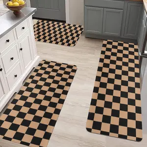 3 Piece Checkered Kitchen Runner Rug Set Washable Non Slip Indoor Floor Carpet Doormat for Laundry Bathroom Living Room Comfortable Long Strip Decorative Mat checkerboard flannel room hallway simple design modern