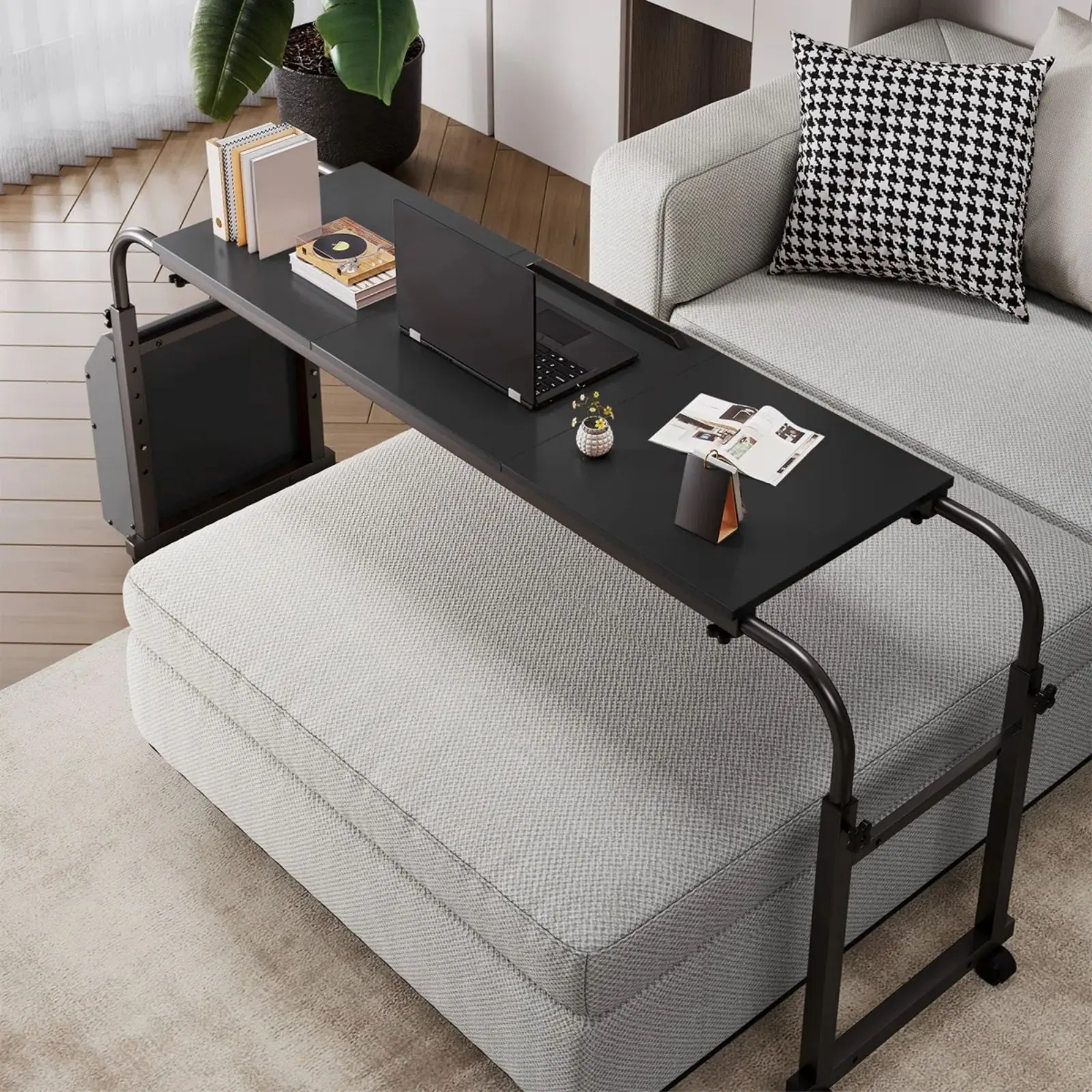 MAMIZO Mobile Overbed Table with Wheels, 60.6-84.2in Adjustable Desk with 0-65° Tilt Stand, 4 Heights & 6 Lengths, Side Storage Basket for Home, Office Portable Laptop Desk