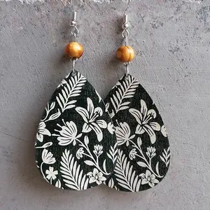 Beautiful Black and White Wood Floral Drop Earrings