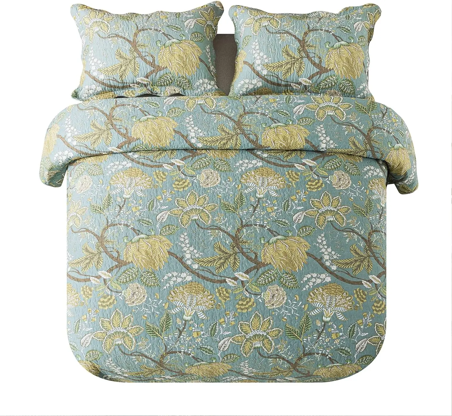 Lotus Bloom Exclusive Green & Yellow Lotus 3-Piece Queen Quilt Set, Soft Microfiber Quilted Bedding, Reversible Lightweight All-Season Coverlet with Pillow Shams