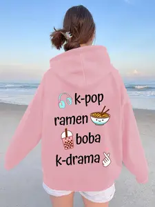 Women's Casual Boba K-Drama Earphone Milk Tea Noodle Print Drawstring Hoodie, Graduation Long Sleeve Top, Back-To-School Clothing