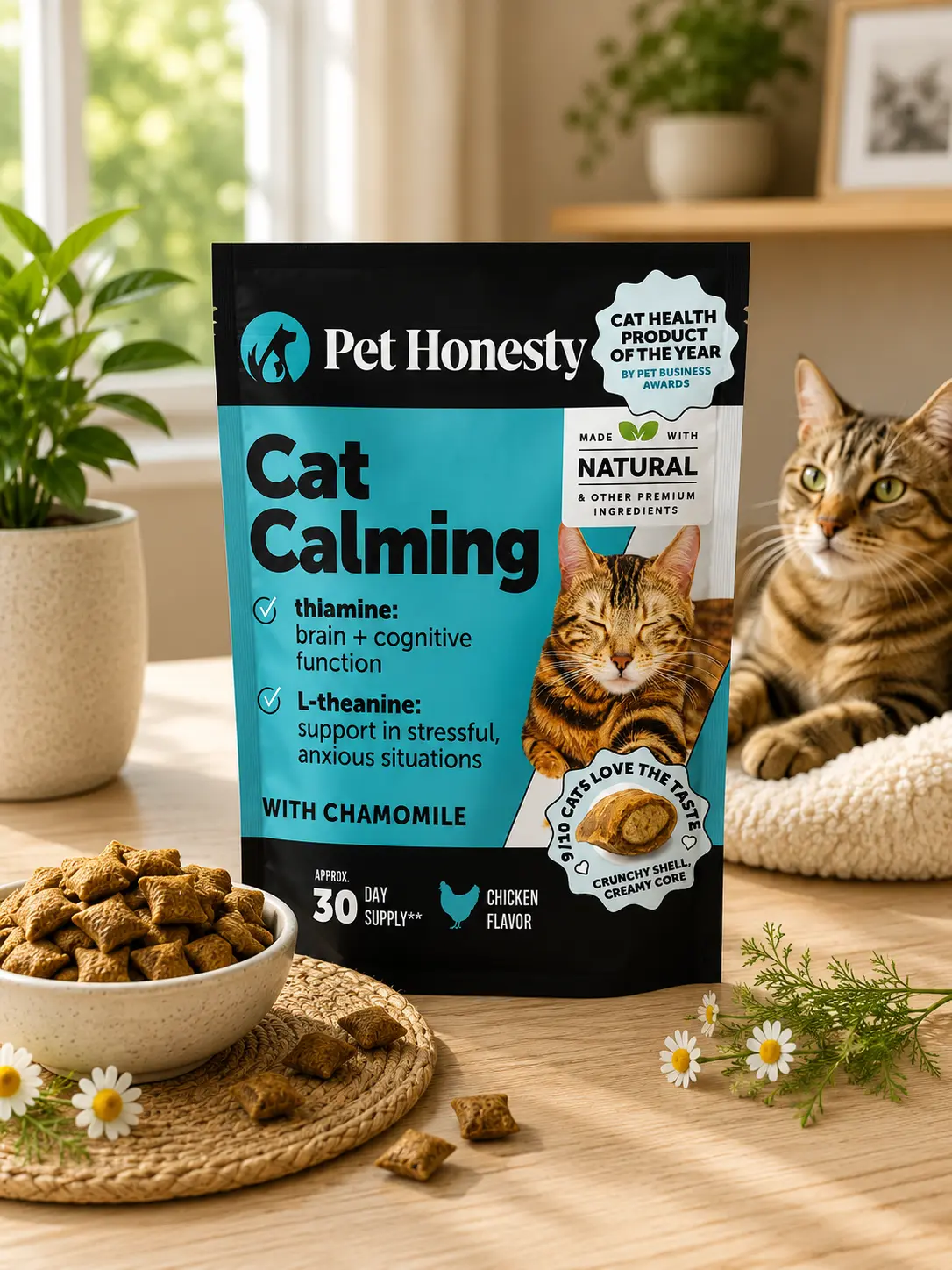 Cat Calming Soft Treats - Dual-Texture Crunchy-Creamy Chews for Anxiety Relief, Behavior Support - Ideal for Travel, Vet Visits (30-Day Supply)
