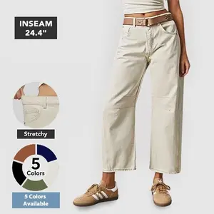 Flamingals Solid Stitch Detail Mid Waist Crop Baby Barrel Pants Without Belt Casual Summer Vibes