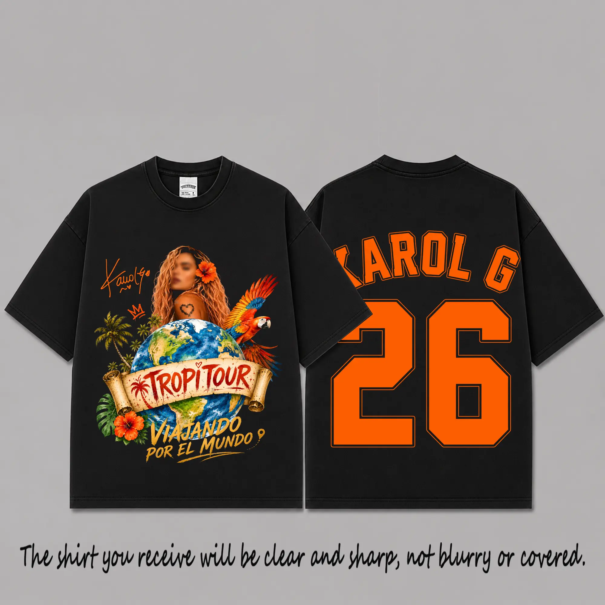 Tropitour Viajando por el Mundo Graphic Premium Cotton T-Shirt, Tropicoqueta Latin Pop Fan Tee, Tropical Globe Parrot Concert Shirt, Black Oversized Streetwear Gift