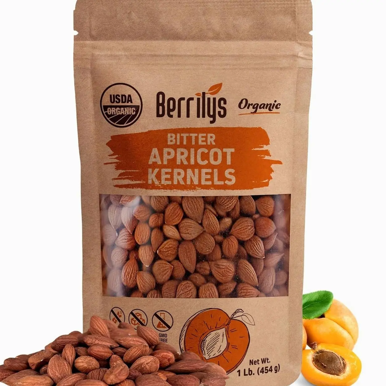 Berrilys Organic Bitter Apricot Kernels - USDA Certified Organic Bitter Apricot Seeds - Natural & Non-GMO, Premium Quality Kernals, No Sulfur or Additives - 16 oz
