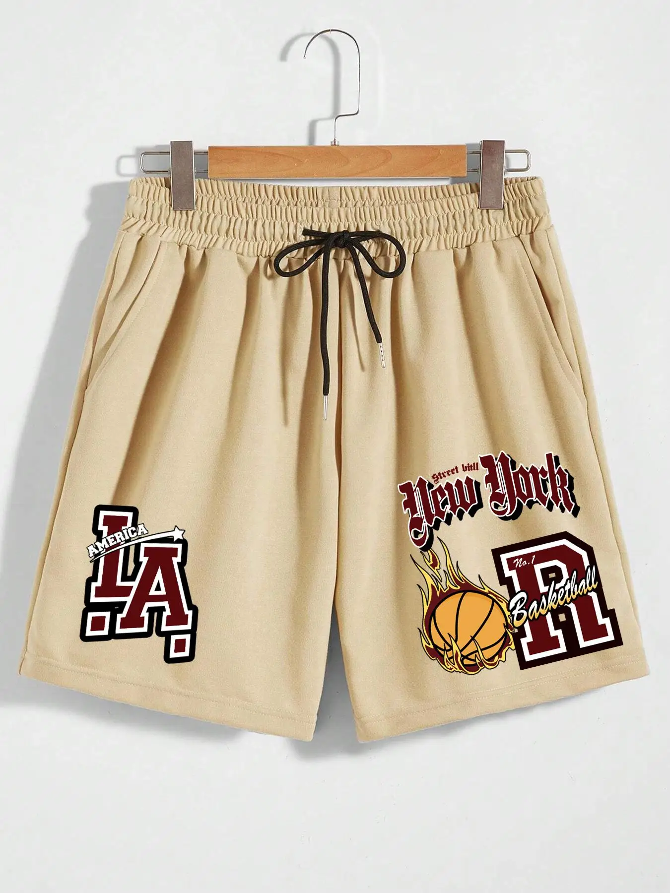 Men's Los Angeles New York Basketball Print Shorts, Loose Casual Streetwear Drawstring Waist Pocket Shorts, Summer Basketball Shorts, Men's Bottoms