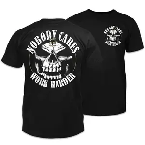 Bold skull graphic tee with "Nobody Cares, Work Harder" slogan. Perfect for gym heads, hustlers, and self-motivated minds. Power and grit in every stitch. 90s  graphic  teesTechV