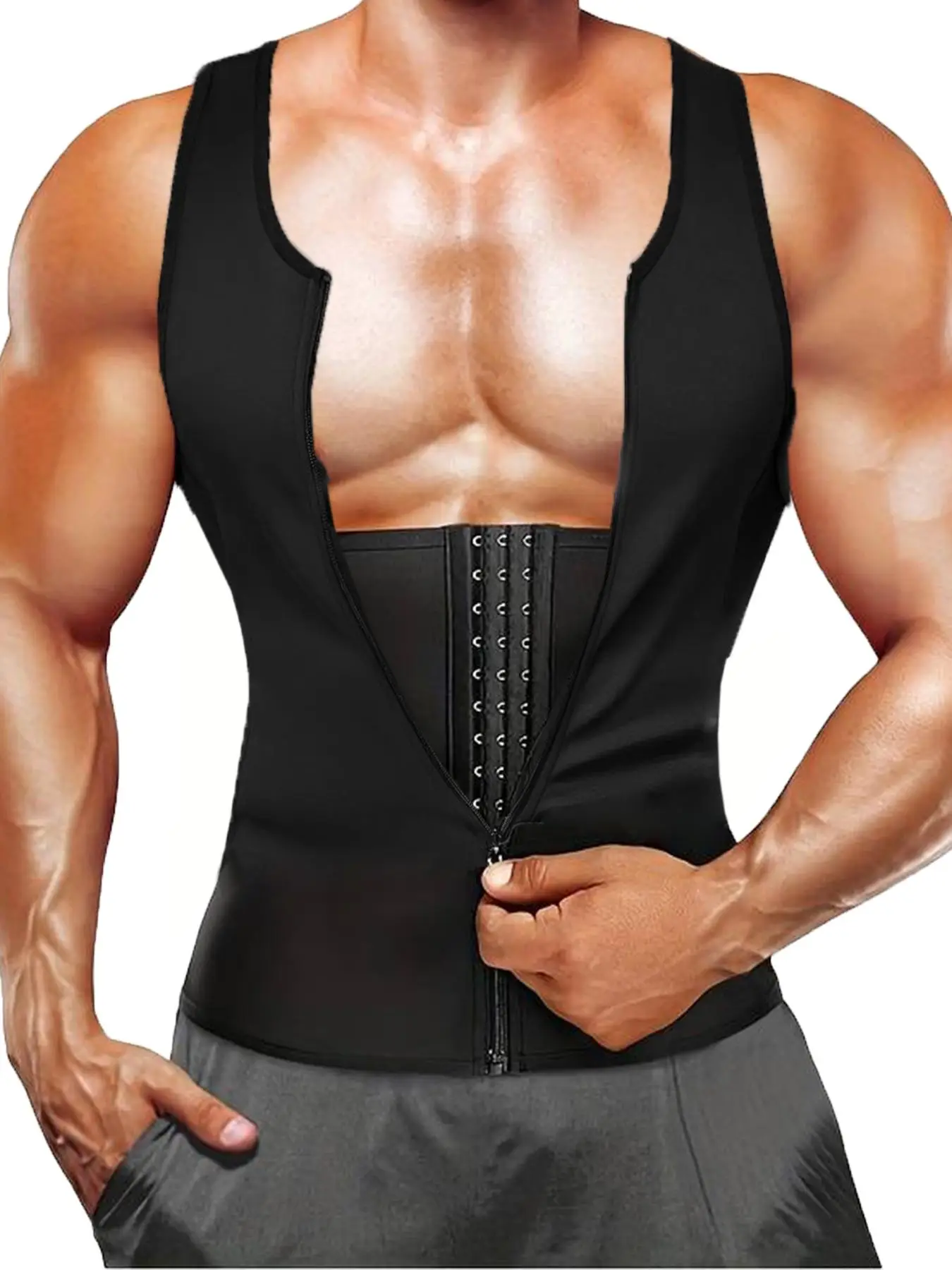 Men's Zipper Neoprene Sauna Vest, Sweat Sauna Vest, Slimming Body Shaper, Adjustable Waist Trainer Belt with Zipper, Workout Fitness Tank Tops