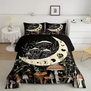 3-Piece Moon Night Mushroom Pattern Bedding Set for Men and Women Full Size Adult Bedroom Decoration Bed and Duvet Set with Artistic Polyester Material Comfort Set Simple Decoration 1 Duvet Set with 2 Pillowcases (unfilled)