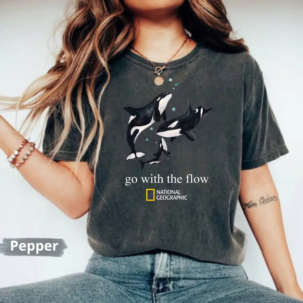Comfort Colors Orcas National Geographic Graphic T-Shirt, Go With The Flow T Shirt, Unisex, Nature Lover TShirt, Otter Gift, Animal Conservation