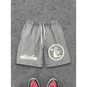 Hell Star, Fine Print Shorts, Summer Men'S Fashion Washed Cotton Shorts, Washed Old Shorts, High Quality 290G Cotton, Casual Comfortable Shorts, Street Retro Drawstring Shorts Fathersdaygift Menswear Knit Black Tractor Tropical