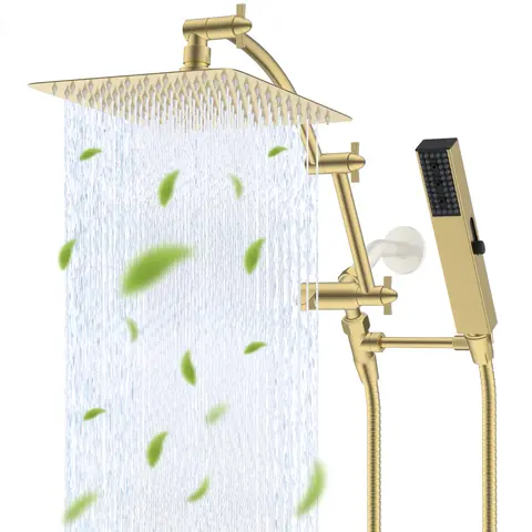 Hibbent All Metal Solid 10'' Rainfall Shower Head Combo Set for Indoor Bath, Shower Water Equipment with 4 Multiple Sprays, 16'' Adjustable Arc Arm, 71'' Hose, Handheld Wand, Holder, Brushed Gold