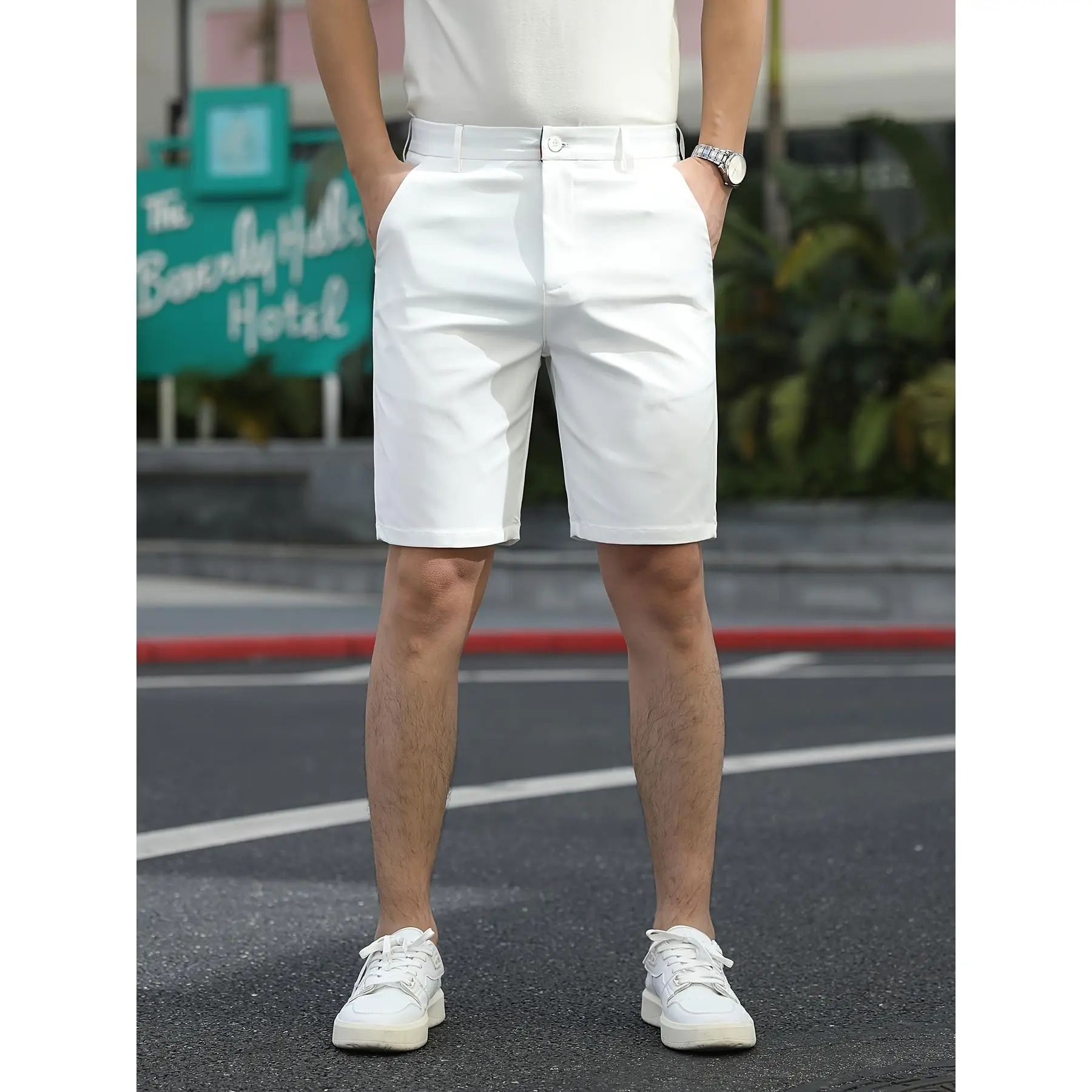 Men's Relaxed Fit Casual Business Dress Shorts - Plain White, Polyester Woven Fabric with Slight Stretch, Elastic Waistband, Basic, Machine Washable
