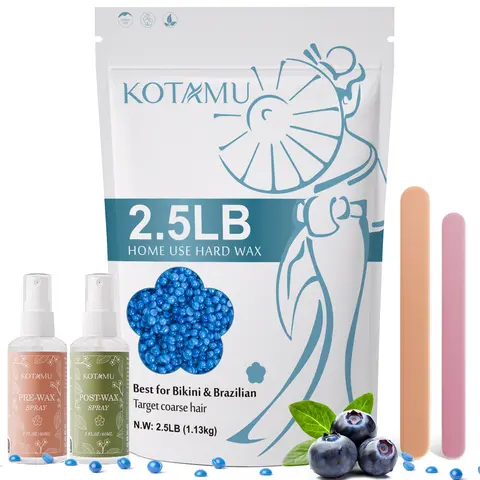 KOTAMU 2.5lb Blue Hard Hair Removal Wax Beads - Irritation-Free, Cost-Saving for Bikini Line, Sensitive Skin, Body Care Use with Pre-Shave Oil & Foot Care Cream (Chin, Brazilian Waxing Compatible)