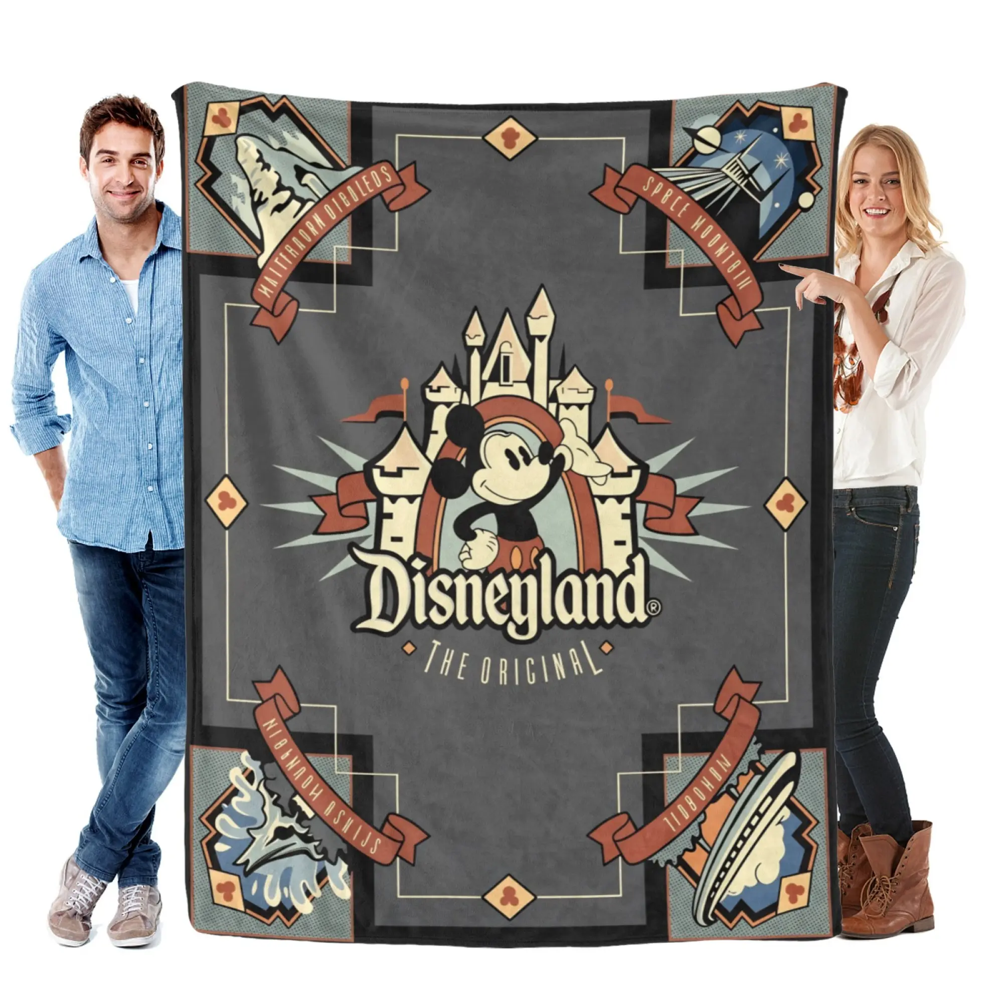 [SummerVibes] DISNEY CLASSIC Disneyland Original Flannel Blanket, Vintage Park Icons Throw - Soft Cozy Decor for Home & Fans