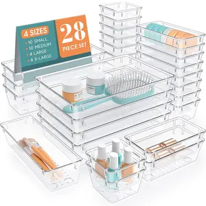 Clear Plastic Organizer Set 28 PCS - 4 Size Trays for Makeup, Jewelry, Kitchen Utensils & Office Accessories with Non-Slip Design