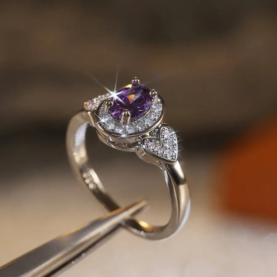 Amethyst Aura Zirconia Ring, Mystic Purple Crystal Jewelry for Calm & Intuition, Spiritual Energy Women's Engagement Ring, Valentine's Day Birthday Gift, Engagement Rings