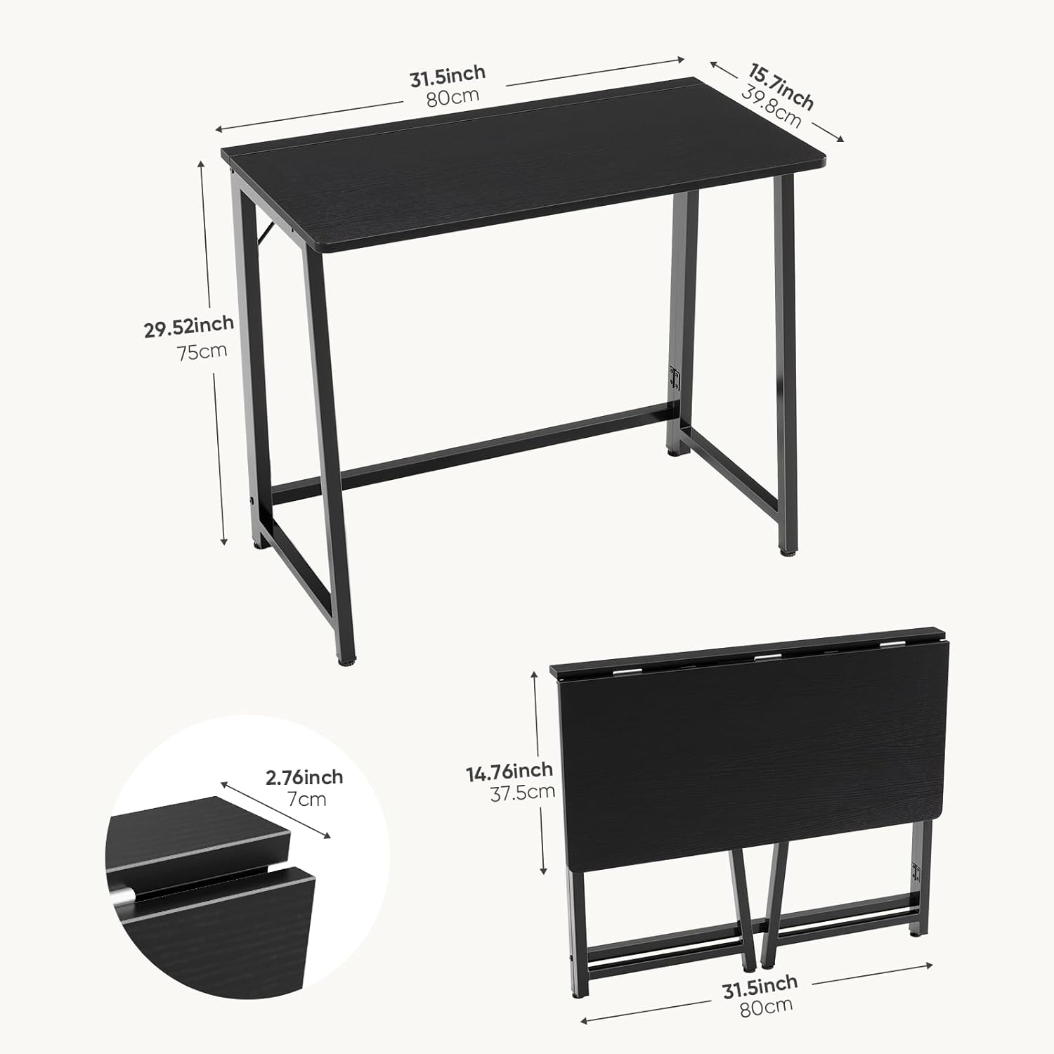 Small Space Folding Desk 31.5 Inch, Compact Foldable Computer Table, Narrow Home Office Workstation for Apartment, Dorm & Bedroom
