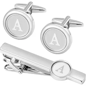 Initial Cufflinks and Tie Clip Set for Men Stainless Steel Personalized Tuxedo Shirt Cuff Links Letter Alphabet A-Z  for Father Husband