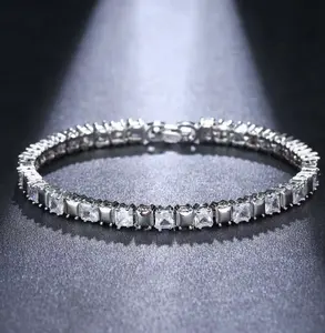 Women's cubic zirconia tennis bracelet, 4*4 mm platinum-plated birthstone bracelet, hypoallergenic jewelry, anniversary/birthday gift for mom or wife, 7 inches