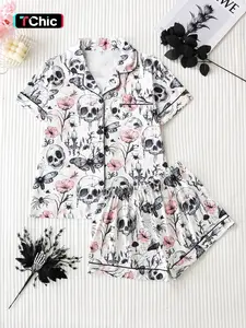 Women's Two-Piece Skull Floral Print Pajama Set, Collared Button Short Sleeve Top + Loose Shorts, Elegant Comfortable Home Wear, Nightwear, Loungewear, Pjs, Collared Pajamas