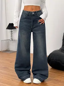 American Vintage High-Waisted Wide-Leg Denim Jeans, Washed Retro Blue, Slimming Effect, Versatile Straight Leg Pants for Daily Wear