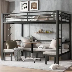 Queen Over Queen Size Pull-Out Metal Bunk Bed, Lower bunk can be Pulled Out in Three Sections, top bunk Equipped with Safety Rails, Black. Durable American Design