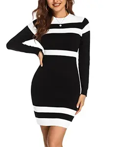 Beyove Womens Colorblock Striped Long Sleeve Cotton Knit Sweater Bodycon Dress XS-XXL