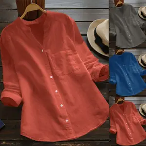 2025 New Retro Cotton and Linen Solid Color Shirt V-Neck Loose Sleeve T-Shirt Women's Lace Tunic Blouse Halter Block Sweater Vest Shark Jaw Zip-Up Hoodie crochet bolero long top dance hooded shrug cardigan este crop see looking must like yellow low cut
