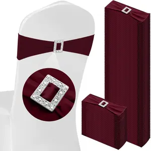100 Pcs Spandex Chair Sashes with Square Slider Stretch Chair Cover Band Elastic Ties Straps Bows for Wedding Banquet Event Party Decoration(Burgundy)