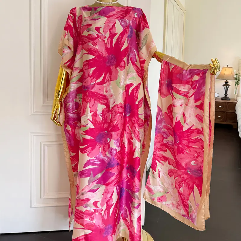Lady's Elegant Plant Print Loose-Fit Breathable Scarf Shawl Dress - FZP-4, Matching Female Stylish Clothes & Outfits, All-Season Casual Birthday Wear for Summer Beach Vacation