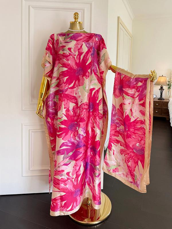 Dress+1 Scarf,Women's Fashion Print Long Robe Set, Moomoo Dress + Scarf Headband, Casual Woven Fabric, Thin All-Season Wear, Beach Sun Protection