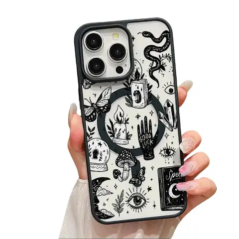 Mystical Witchy MagSafe Shockproof Cover for iPhone 12-18 Pro/Pro Max/Plus, Black-White, TPU Edge, Transparent Crystal Anti-Drop Cellphone Case for Handheld Devices