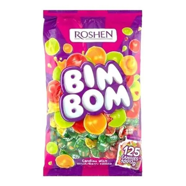 Roshen Bim Bom Hard Candy, Assorted Fruit & Berry Filled Candies, Individually Wrapped– Pear, Pineapple, Strawberry & Tutti-Frutti Flavors