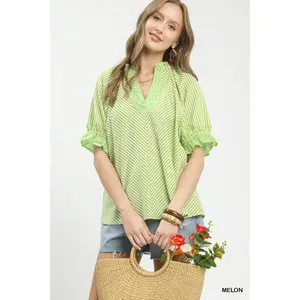 Umgee Stripe Ruffle Sleeve Split-Neck Blouse