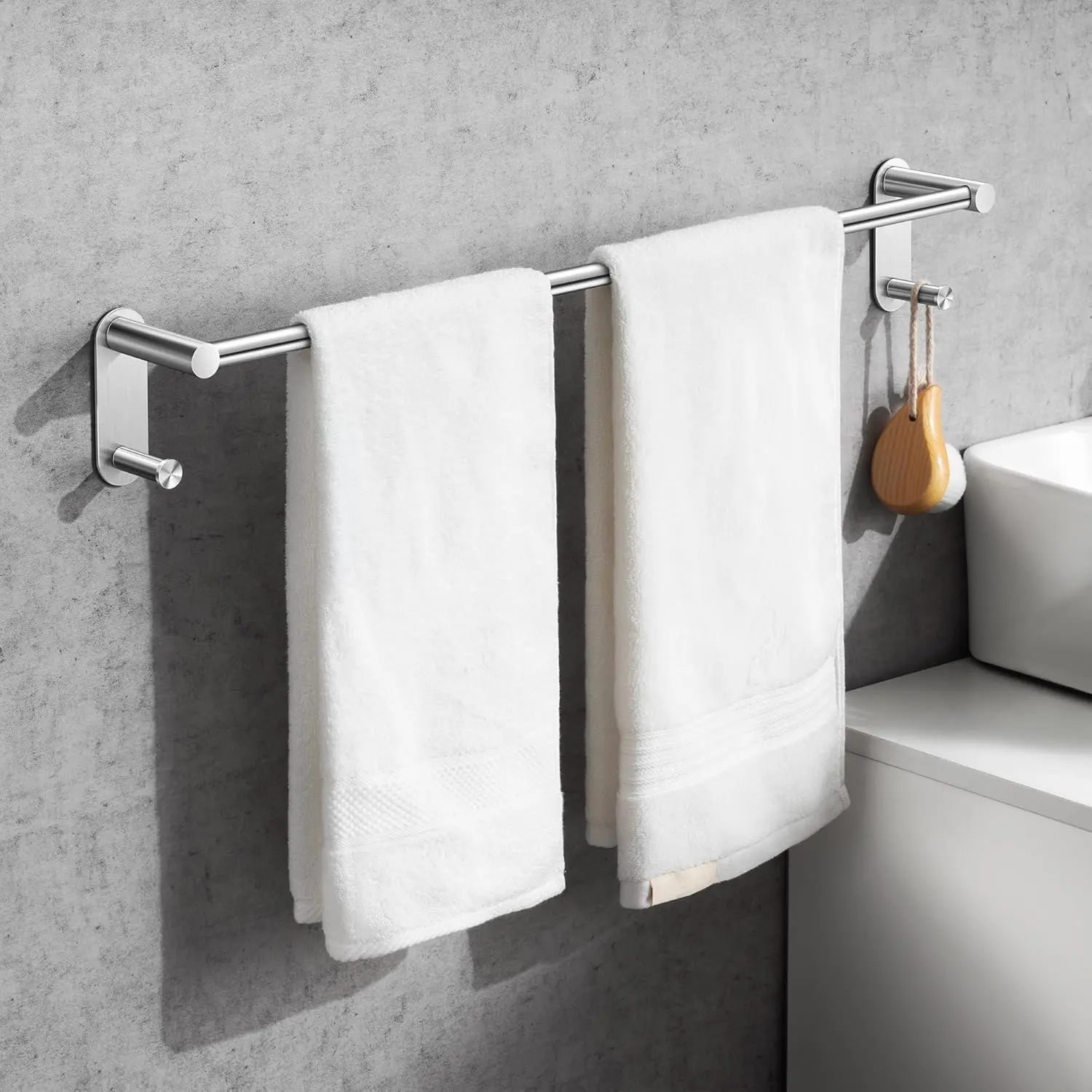 24-Inch SS304 Steel Self-Adhesive Towel Bar, No-Drilling Bathroom Holder with 2 Self-Adhesive U-Shaped Hooks, Bathroom Organizing Accessories, Self Adhesive Hooks