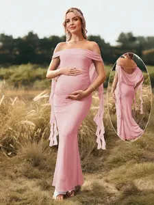 JOYCEE Maternity Solid Color Off Shoulder Backless Maxi Maternity Dress For Baby Shower, Christmas Party, Elegant Party