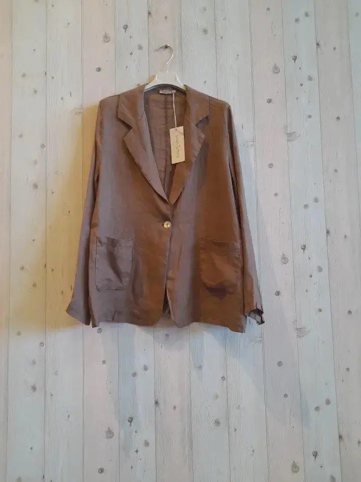 Women's 100% Linen Long Sleeve Classic Solid Camel Color Button Suit Blazer Jacket, Lady