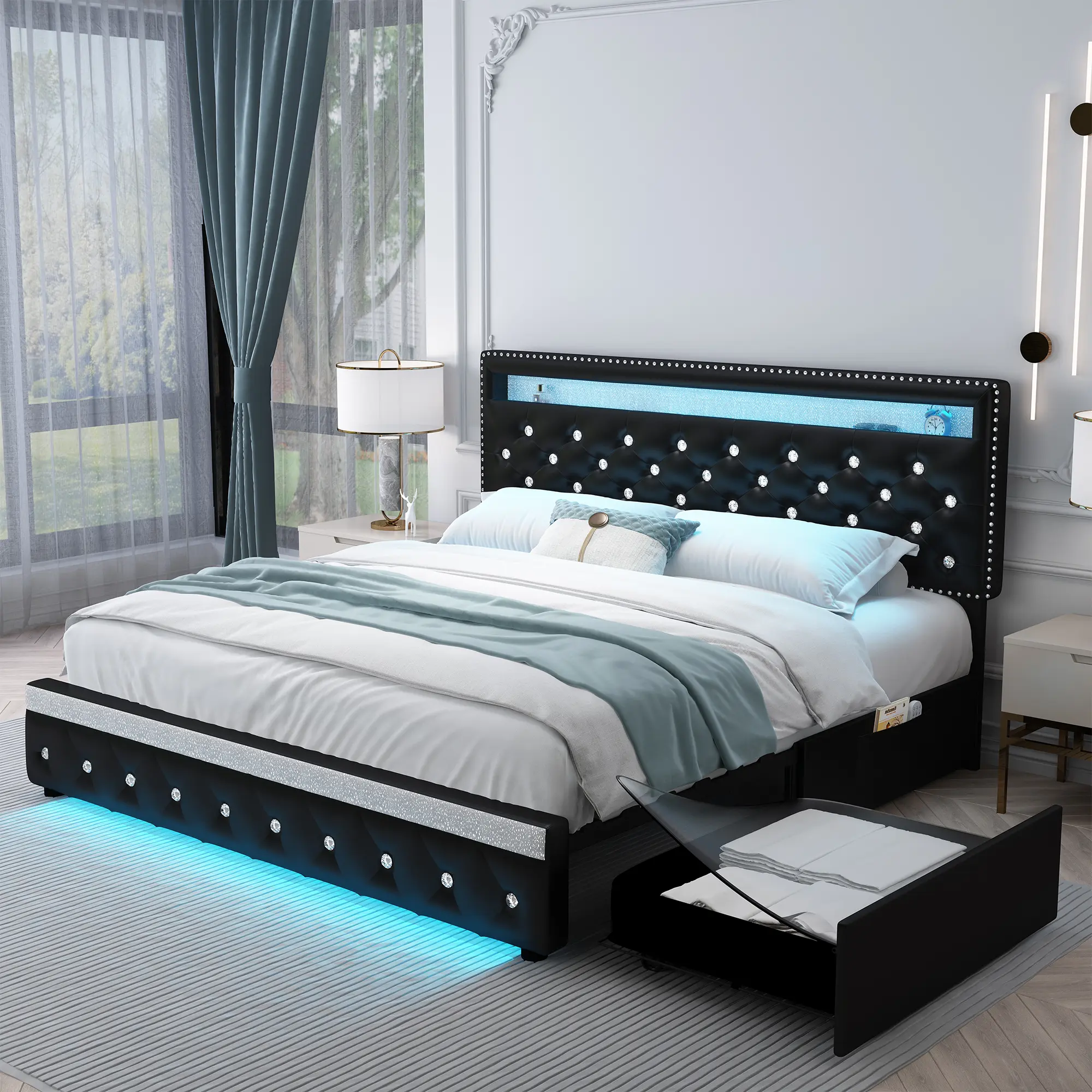 [Deals for You Days] SIBEDS Queen LED Bed Frame with Crystal Tufted Headboard, Modern Upholstered Platform Bed with 2 Storage Drawers, Adjustable Headboard, No Box Spring Needed, Velvet/PU Leather tiktokshopbacktoschool