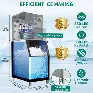 Yitahome Commercial Ice Maker Machine 550LBS/24H with 300LBS Storage Bin, Upgraded Compressor, Self-Cleaning Stainless Steel Industrial Ice Machine with Ice Scoop, Ice Bucket and Connection Hose